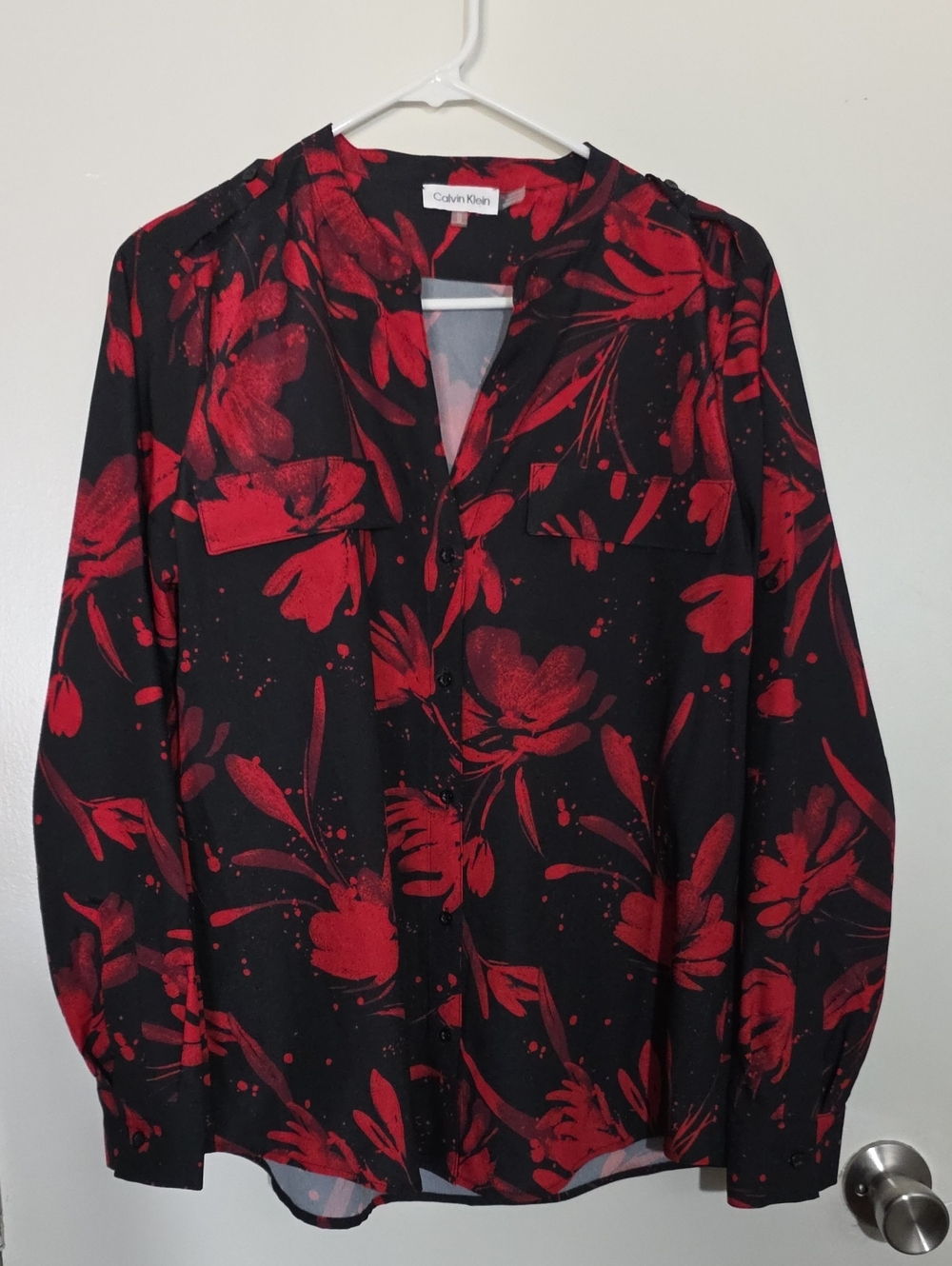 Calvin Klein Black Blouse with Red Floral Print